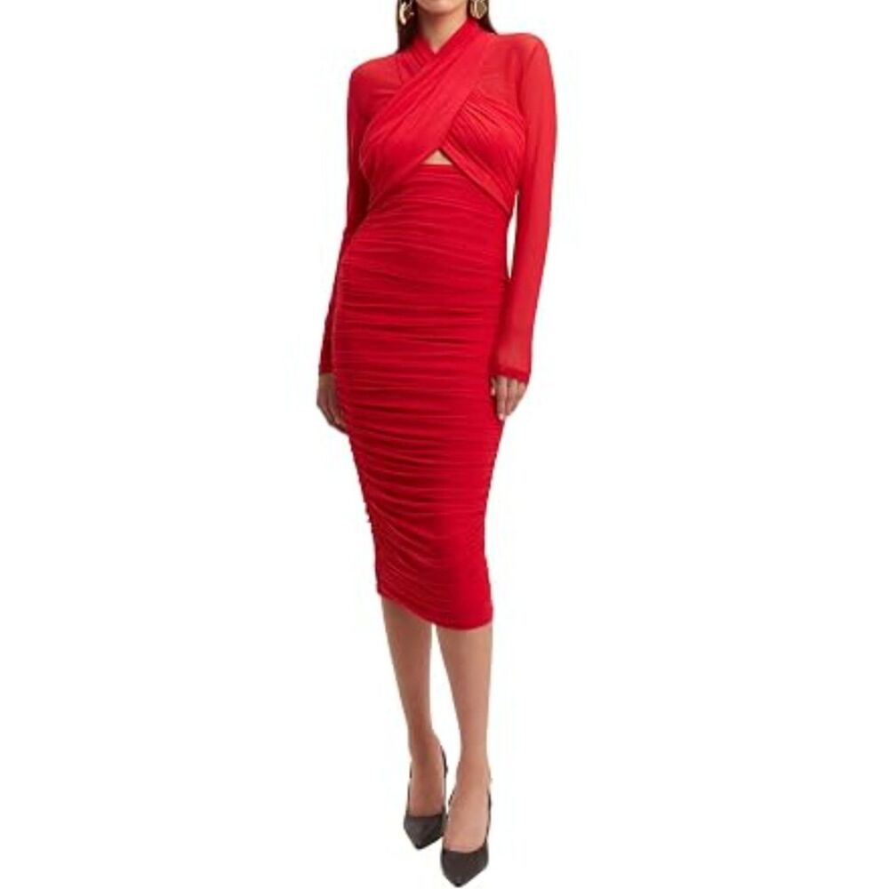 Bardot Aliyah Fire Red Ruched Cutout Wrap V Neck Midi Dress Size S